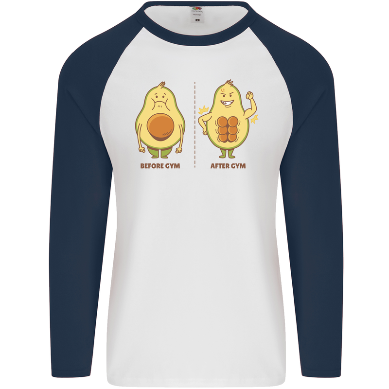 Avocado Gym Funny Fitness Training Healthy Mens L/S Baseball T-Shirt White/Navy Blue