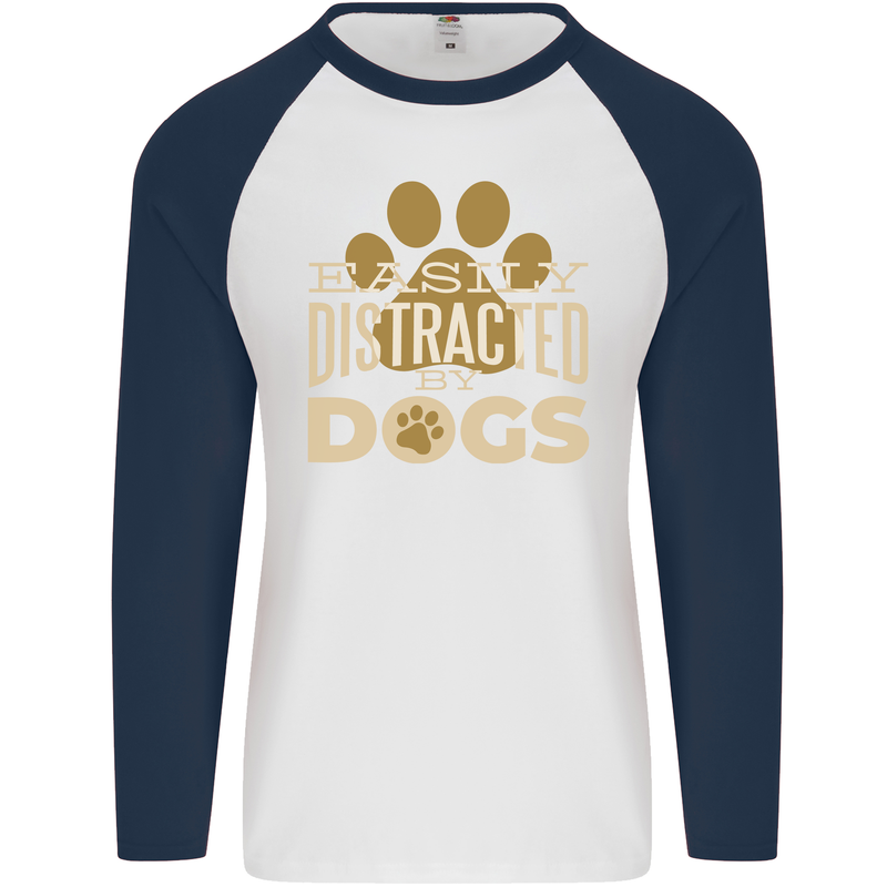 Easily Distracted By Dogs Funny ADHD Mens L/S Baseball T-Shirt White/Navy Blue