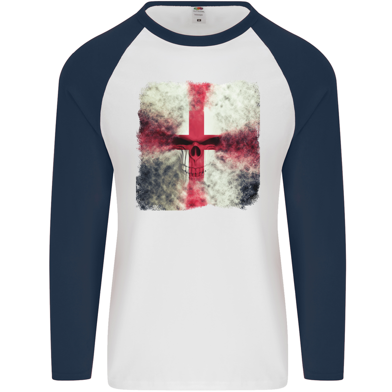 Dissolving England Flag St. George's Skull Mens L/S Baseball T-Shirt White/Navy Blue