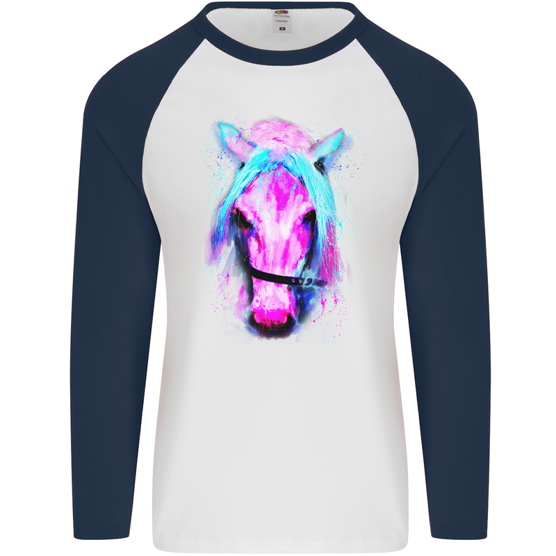 Watercolour Horse Mens L/S Baseball T-Shirt White/Navy Blue