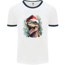 Christmas T-Rex Dinosaur Xmas Hat Mens Ringer T-Shirt White/Navy Blue