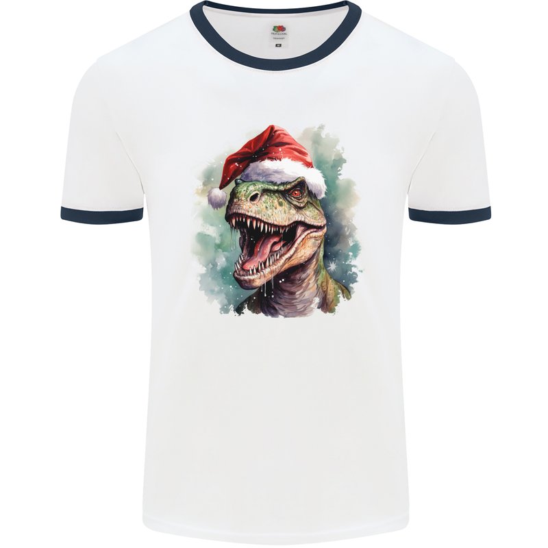 Christmas T-Rex Dinosaur Xmas Hat Mens Ringer T-Shirt White/Navy Blue