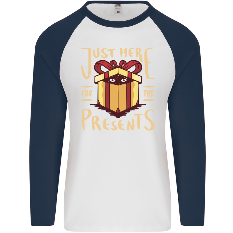 Christmas Just Here For the Presents Funny Mens L/S Baseball T-Shirt White/Navy Blue