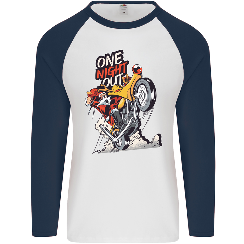 Biker Santa One Night Out Christmas Motorcycle Mens L/S Baseball T-Shirt White/Navy Blue