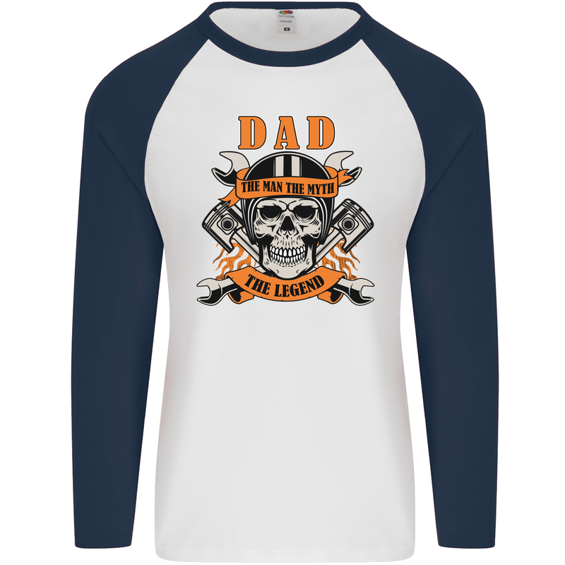 Biker Dad the Man Myth Legend Funny Mens L/S Baseball T-Shirt White/Navy Blue