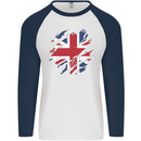 Torn British Flag Union Jack Britain Mens L/S Baseball T-Shirt White/Navy Blue