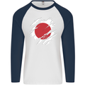 Torn Japan Flag Japanese Day Football Mens L/S Baseball T-Shirt White/Navy Blue