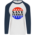 Save Ferris Distressed Funny 80's Movie Mens L/S Baseball T-Shirt White/Navy Blue