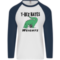 T-Rex Hates Weights Funny Gym Workout Mens L/S Baseball T-Shirt White/Navy Blue