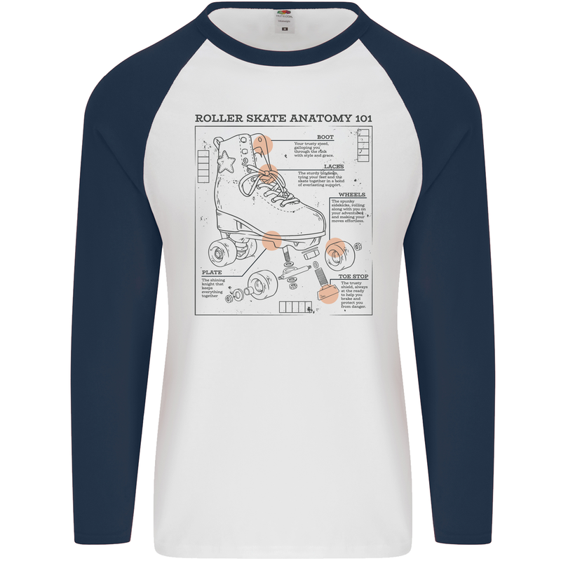 Roller Skating Boot Blueprint Mens L/S Baseball T-Shirt White/Navy Blue