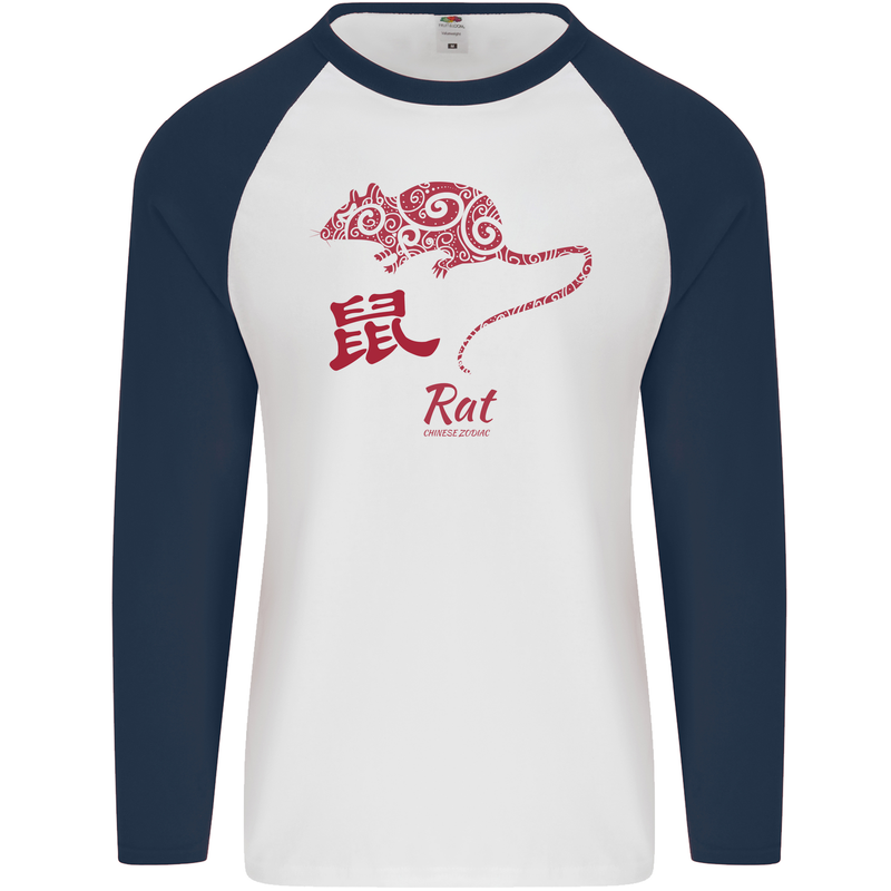 Chinese Zodiac Shengxiao Year of the Rat Mens L/S Baseball T-Shirt White/Navy Blue