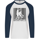 Basketball Barcode Player Mens L/S Baseball T-Shirt White/Navy Blue