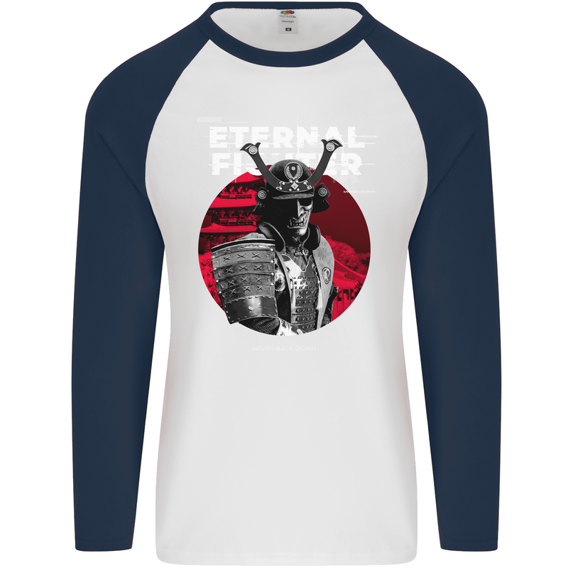 Samurai Fighter Skull MMA Mixed Martial Arts Mens L/S Baseball T-Shirt White/Navy Blue