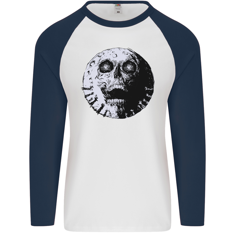 Skull Moon Gothic Halloween Zombie Biker Mens L/S Baseball T-Shirt White/Navy Blue