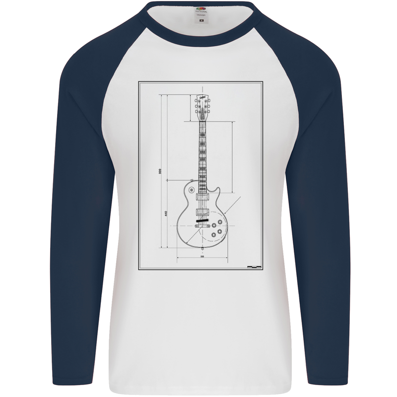 Guitar Blueprint Guitarist Electric Mens L/S Baseball T-Shirt White/Navy Blue