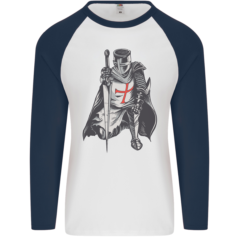 A Nights Templar St. George's Day England Mens L/S Baseball T-Shirt White/Navy Blue