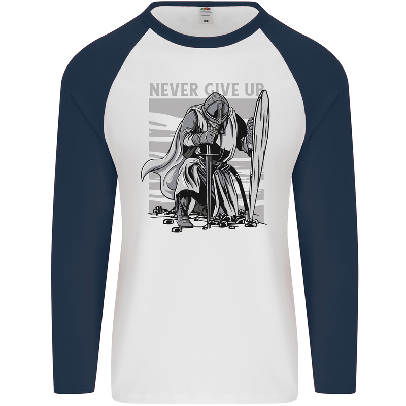 Teutonic Knight Never Give Up Crusader Gym Mens L/S Baseball T-Shirt White/Navy Blue