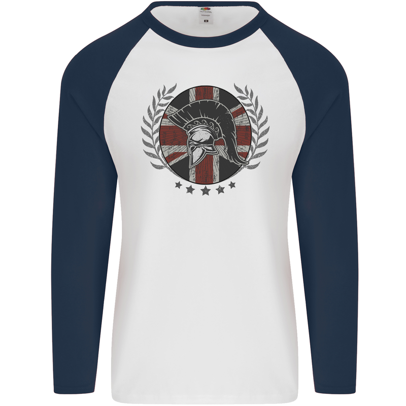 Union Jack Bodybuilding Gym Training Spartan Mens L/S Baseball T-Shirt White/Navy Blue