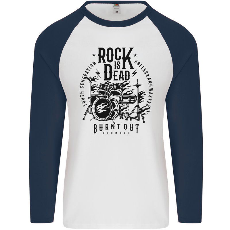 Rock is Dead Drum Kit Drummer Drumming Mens L/S Baseball T-Shirt White/Navy Blue