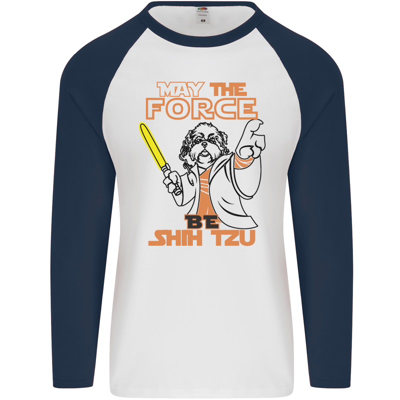 May the Force Be Shih Tzu Dog Funny Mens L/S Baseball T-Shirt White/Navy Blue