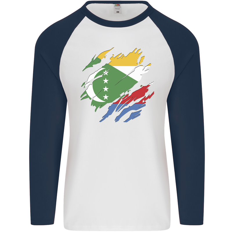 Torn Comoros Flag Comorian Day Football Mens L/S Baseball T-Shirt White/Navy Blue