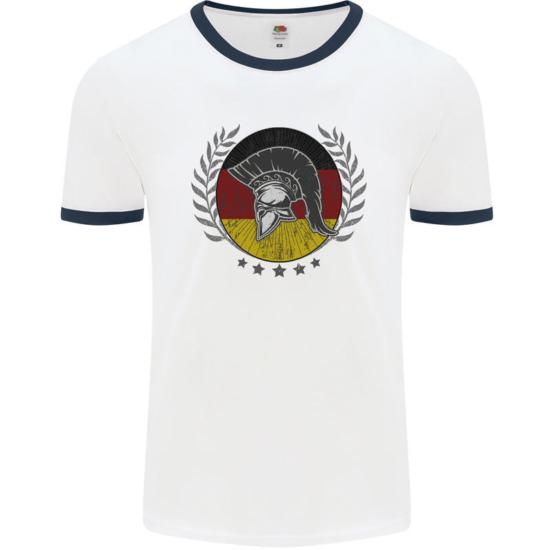 German Bodybuilding Flag Gym Training Spartan Mens Ringer T-Shirt White/Navy Blue