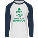 Keep Calm & Shamrocks St. Patrick's Day Mens L/S Baseball T-Shirt White/Navy Blue