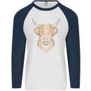 A Highland Cow Drawing Mens L/S Baseball T-Shirt White/Navy Blue