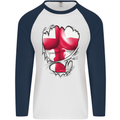 Gym St. George's Cross English Flag Muscles Mens L/S Baseball T-Shirt White/Navy Blue