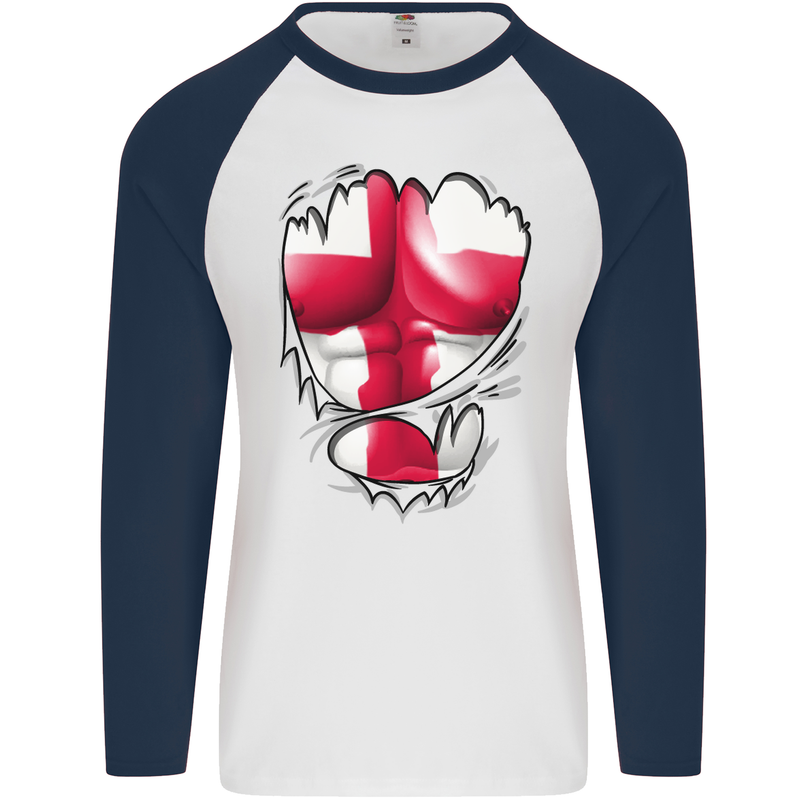 Gym St. George's Cross English Flag Muscles Mens L/S Baseball T-Shirt White/Navy Blue