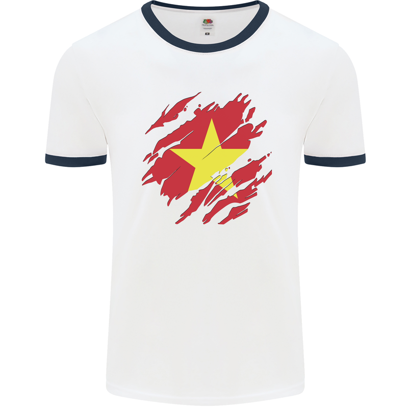 Torn Vietnam Flag Vietnamese Day Football Mens Ringer T-Shirt White/Navy Blue