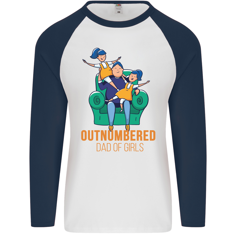 Outnumbered Dad Girls Fathers Day Daughters Mens L/S Baseball T-Shirt White/Navy Blue