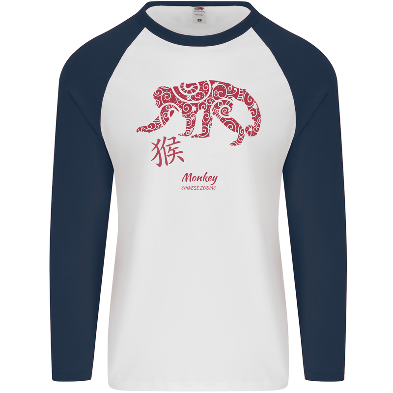 Chinese Zodiac Shengxiao Year of the Monkey Mens L/S Baseball T-Shirt White/Navy Blue