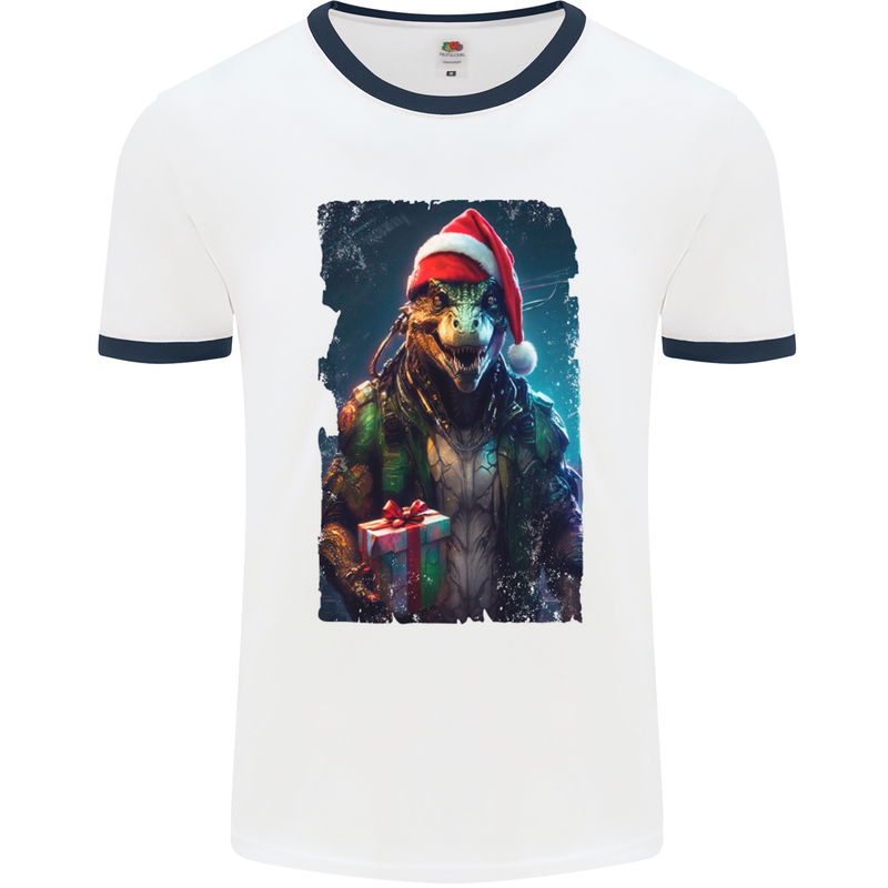 Christmas Reptile Dinosaur T-Rex Xmas Mens Ringer T-Shirt White/Navy Blue