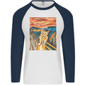 Cat Scream Painting Parody Mens L/S Baseball T-Shirt White/Navy Blue