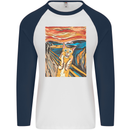 Cat Scream Painting Parody Mens L/S Baseball T-Shirt White/Navy Blue