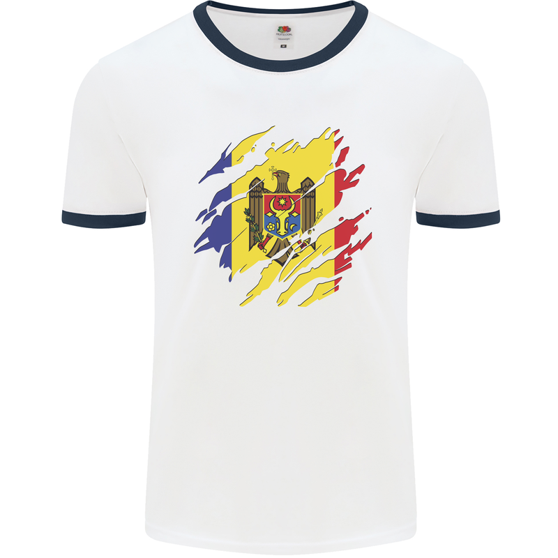 Torn Moldova Flag Moldovan Day Football Mens Ringer T-Shirt White/Navy Blue