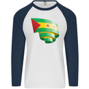 Curled Sao Tome and Principe Flag Day Football Mens L/S Baseball T-Shirt White/Navy Blue