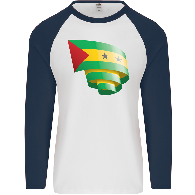 Curled Sao Tome and Principe Flag Day Football Mens L/S Baseball T-Shirt White/Navy Blue
