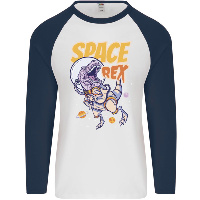 Space T-Rex Dinosaur Dino Astronaut Mens L/S Baseball T-Shirt White/Navy Blue