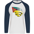 Curled Mozambique Flag Mozambican Day Football Mens L/S Baseball T-Shirt White/Navy Blue