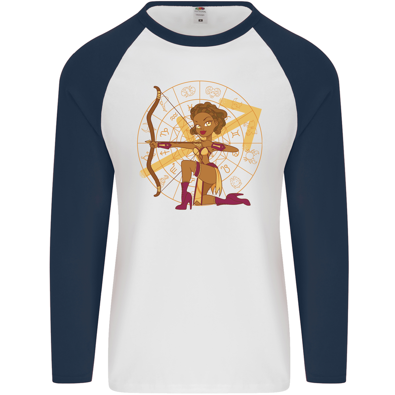 Sagittarius Female Archer Star Sign Mens L/S Baseball T-Shirt White/Navy Blue