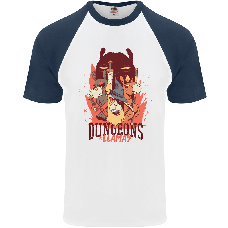 Dungeons & Llamas Role Play Games RPG Mens S/S Baseball T-Shirt White/Navy Blue