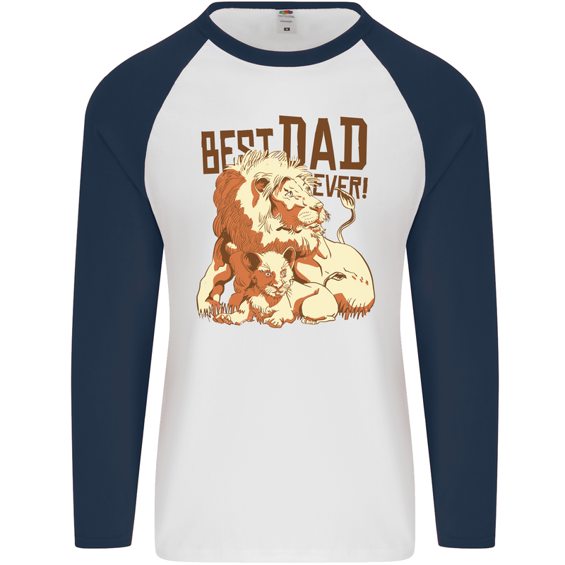 Lion Best Dad Ever Funny Father's Day Mens L/S Baseball T-Shirt White/Navy Blue