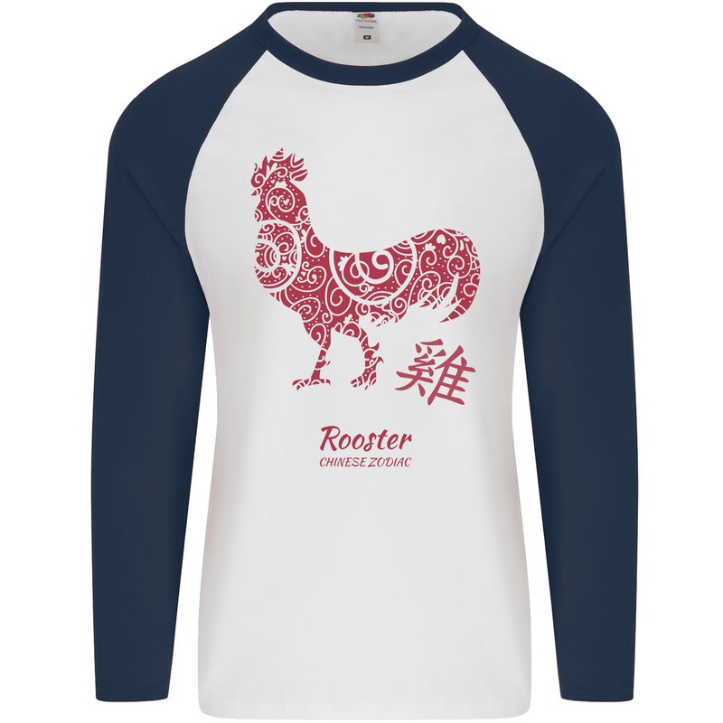 Chinese Zodiac Year of the Rooster Mens L/S Baseball T-Shirt White/Navy Blue