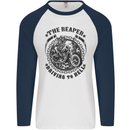 Grim Reaper Motorbike Motorcycle Biker Mens L/S Baseball T-Shirt White/Navy Blue