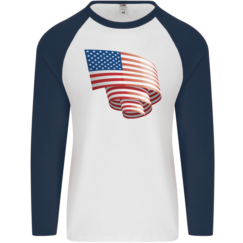 Curled USA Flag Independence Day Football Mens L/S Baseball T-Shirt White/Navy Blue