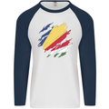 Torn Seychelles Flag Seychellois Day Football Mens L/S Baseball T-Shirt White/Navy Blue