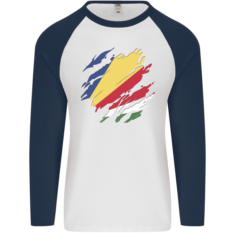 Torn Seychelles Flag Seychellois Day Football Mens L/S Baseball T-Shirt White/Navy Blue