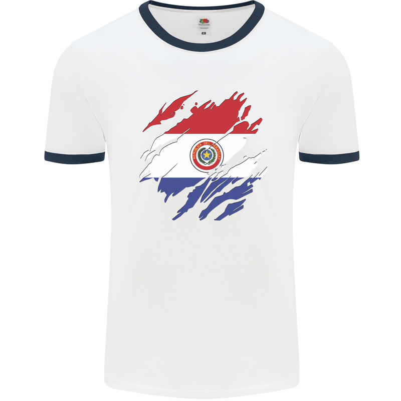 Torn Paraguay Flag Paraguayan Day Football Mens Ringer T-Shirt White/Navy Blue